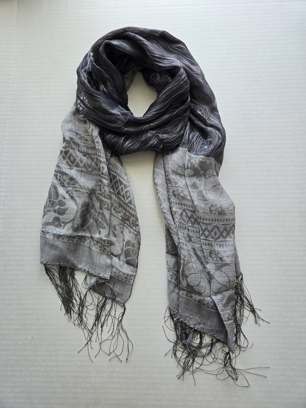 NEW Silk Gray Patterned Scarf with Fringe NWOT